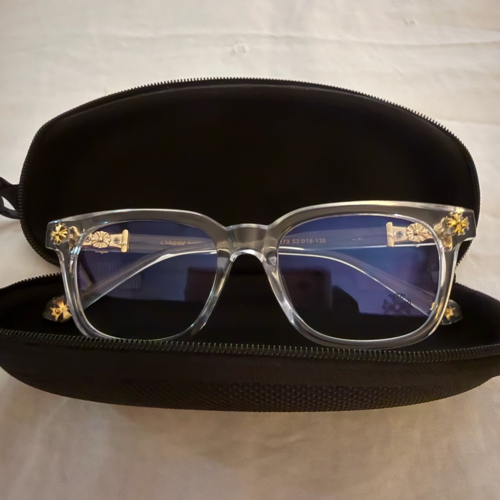 Clear Square Frame Sunglasses with Gold  Accents - Blue Lenses